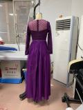Purple Long Sleeve Mesh Patchwork Long Evening Dress