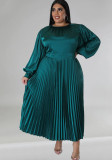 Plus Size Solid Pleated Round Neck Long Sleeve Maxi Dress