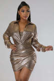 Women's Shiny Metallic Pleated V-Neck Long Sleeve Bodycon Dress