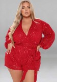 Plus Size Sequins Long Sleeve V Neck Rompers with Belt