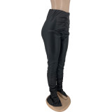 Solid Slit Bottom Stretch Pu Leather Ruched Casual Pants