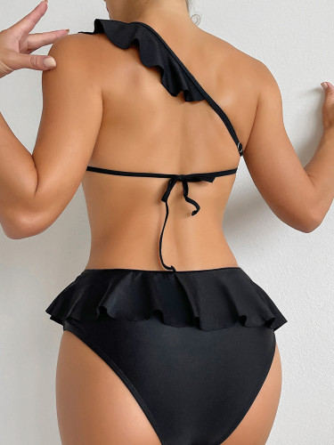 Women Black One Shoulder Ruffles Hollow Out One Piece Bikini Swimsuit
