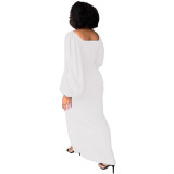 Women Sexy Solid Puff Sleeve Front Slit Long Dress