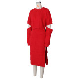 Women's Trendy Cutout High Slit Sweater + Midi Skirt Knitted 2PCS Set