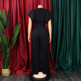 Belted Mesh Insert Sexy Pleated Wide Leg Ruffle Shoulder Jumpsuit