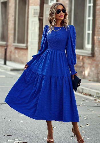 Women Long Sleeve Shirred Vintage Midi Dress