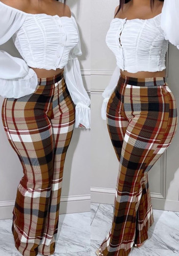 Womens Plaid Bell Bottom Print Trousers