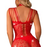 Sexy Beaded Erotic Lingerie Women's Red Hollow Mesh Nightdress