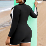 Women Black White Long Sleeve Plus Size Zipper Shorts One Piece Swimsuit