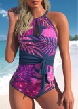 Print Hollow Out Halter Plus Size One Piece Swimsuit