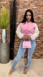 Patchwork Baseball Jacket with Sherpa Sleeve for Women