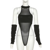 Black Mesh Patchwork See-Through Bodysuit with Oversleeves