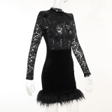 Black Sexy Lace Bodice See-Through Velvet Bodycon Dress