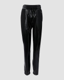 Black Pu Leather Patchwork Casual Pants