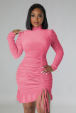 Women Mock Neck Long Sleeve Ruched Velvet Ruffle Dress