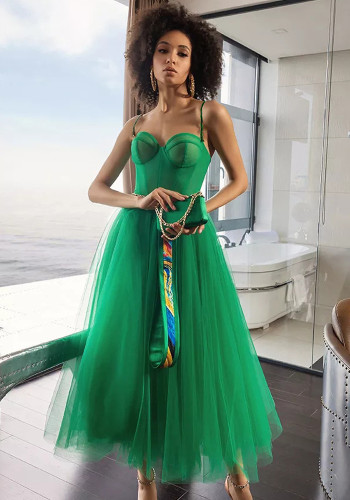 Green Cami Mesh Patchwork Prom Dress