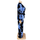 Plus Size Floral Print V-Neck Tie Waist Wide Leg Jumpsuit