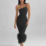 Sexy Chic One-Shoulder Strap Fur Hem Bodycon Party Dress