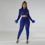 Sexy Two Piece Set Long-sleeved Crop top with slim pencil pants