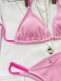 Women Solid Color Contrast Ribbed Halter Triangle Bikini Set