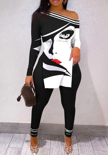 Women Slash Shoulder Print Slit Top+Pants Two Piece Set
