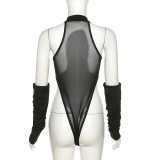 Black Mesh Patchwork See-Through Bodysuit with Oversleeves