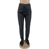 Solid Slit Bottom Stretch Pu Leather Ruched Casual Pants