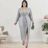 Plus Size Deep-V Sequin Slit Long Party Dress