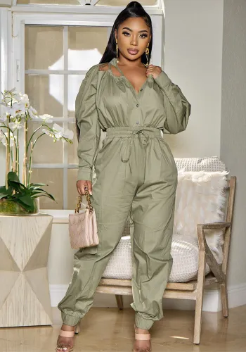 Women Casual Two-Piece Set Cut Out Button-Open Long Sleeve Top and Pants