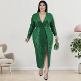 Plus Size Deep-V Sequin Slit Long Party Dress