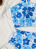 Sexy Blue Floral Print Tie Shoulder High Two Piece Simwear