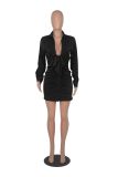 Women's Sexy Plunge Neck Long Sleeve Ruched Button Bodycon Dress