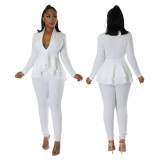 Women's Ruffle Deep V Long Sleeve Top and Tight Fit Pants Solid Two Piece Set