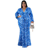 Plus Size Print V-Neck Long Sleeve Mermaid Maxi Dress