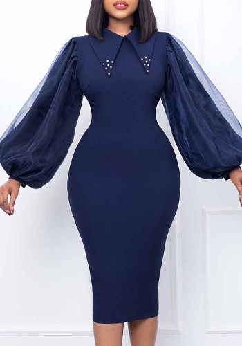 African Style Beaded Patchwork Puff Sleeve Career Bodycon Pencil Dress