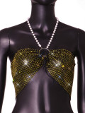 Women Sexy Pearl Halter Neck Rhinestone Party Crop Top