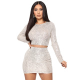 Women Long Sleeve Sequin Crop Top and Mini Skirt Two Pieces