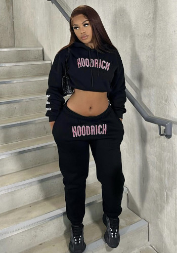 Black Letter Print Casual Cropped Hoodie and Sweatpants Set