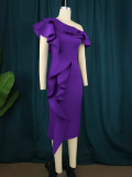 Women's Purple Slash Shoulder Ruffles Slit Midi Party Dress