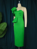 One Shoulder Green Plus Size Ruffle Slit Bodycon Midi Dress