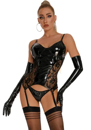 Plus Size Patent PU Leather Lace Patchwork Sexy Lingerie Set