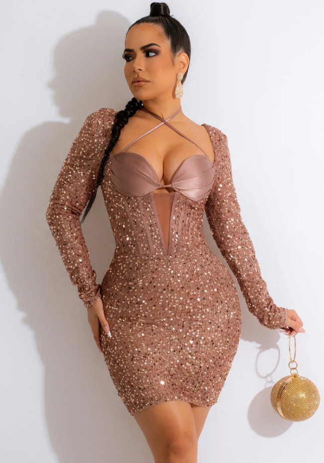 Sexy Long Sleeve Sequin Cross Halter Neck Bodycon Dress