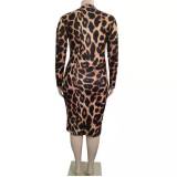 Plus Size Women's Sexy Leopard Print Long Sleeve Bodycon Dress