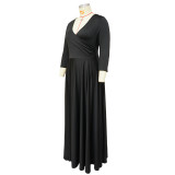 Plus Size 3/4 Sleeve Solid V-Neck Sexy Maxi Dress