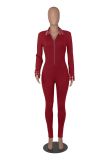 Women Ribbed Contrast Details Zip Up Long Sleeve Jumpsuit