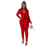 Women's Ruffle Deep V Long Sleeve Top and Tight Fit Pants Solid Two Piece Set