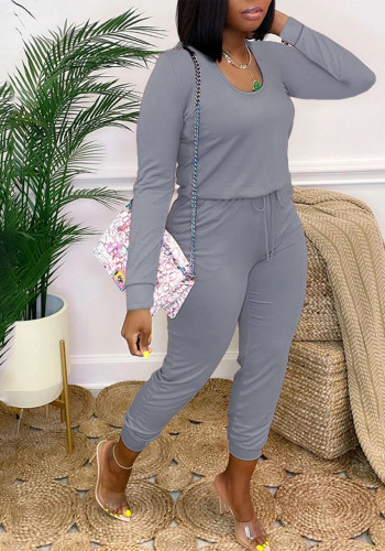 Women Gray Scoop Neck Long Sleeve Top and Pants Two Piece Set