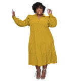 Plus Size Solid Ruffle Shoulder Loose Long Sleeve Layered Casual Dress