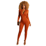 Solid Two Way Zipper Long Sleeve Tight Jumpsuit