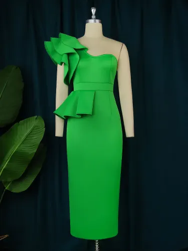 One Shoulder Green Plus Size Ruffle Slit Bodycon Midi Dress